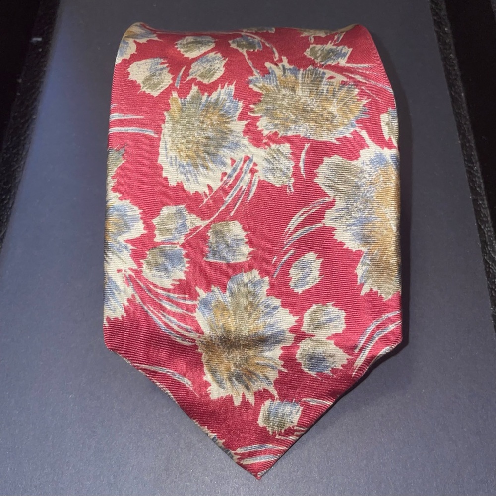 Lands’ End Yellow Floral on Red 100% Silk Necktie, Made in Spain
